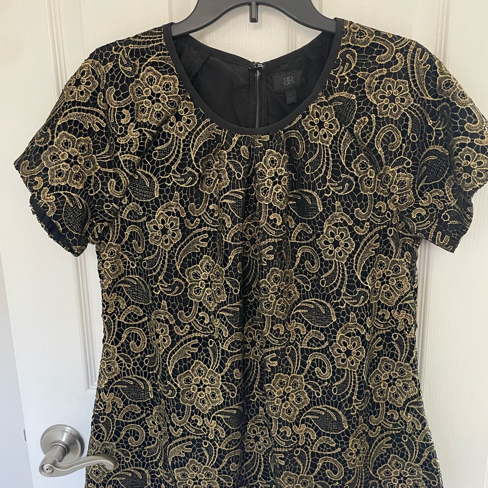 NWT: Banana Republic Black Top with Gold Lace Overlay. Size L
